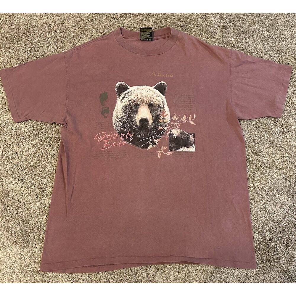 Vintage 90s Grizzly Bear Animal Alaska USA T Shirt Size Adult XL Red Facts Tee